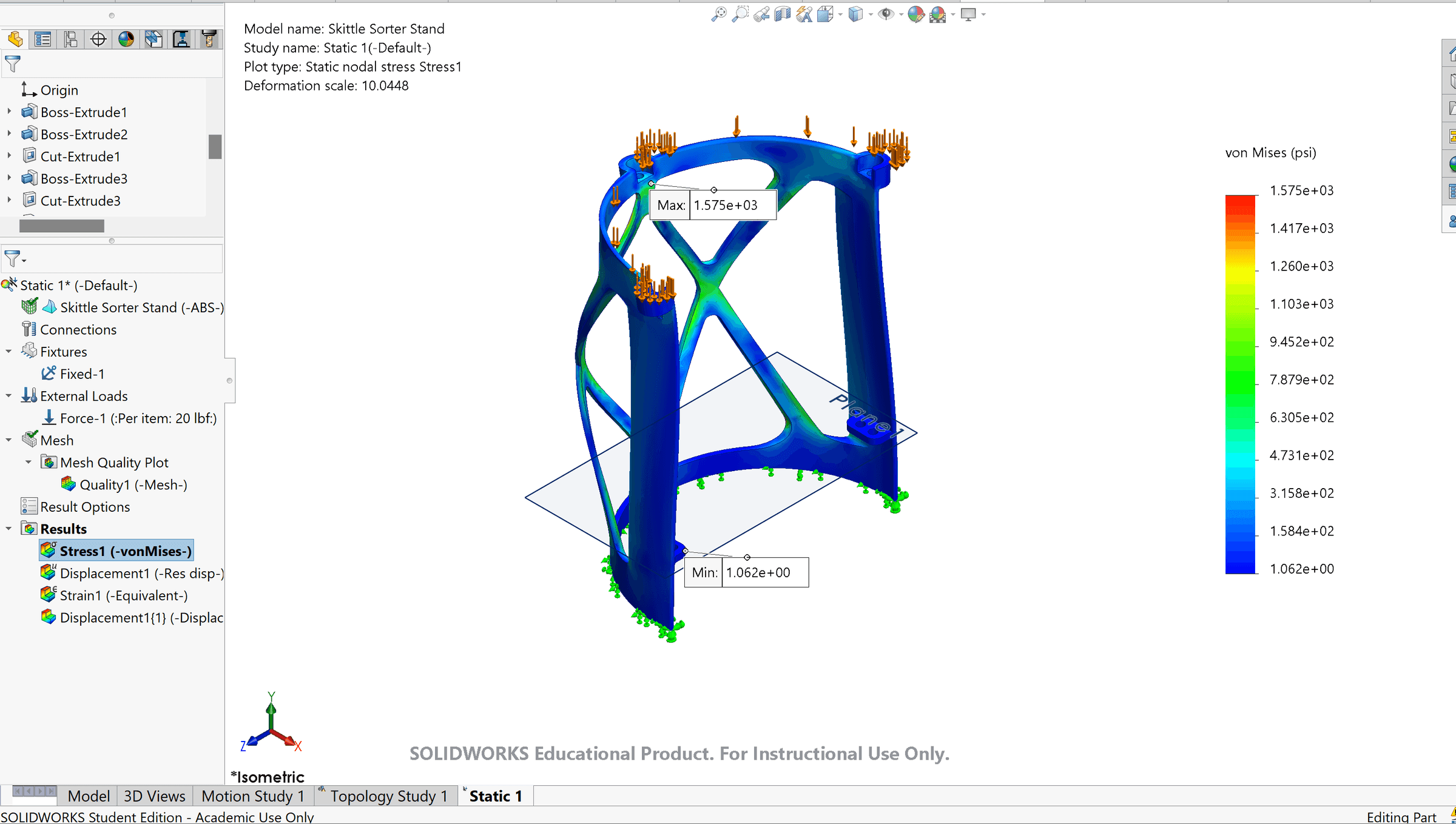 Sorter stand FEA stress plot